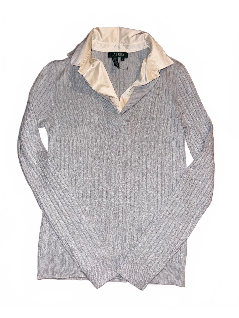Lauren Ralph Lauren Small Blue Silk Cashmere Cable Knit Collared Sweater